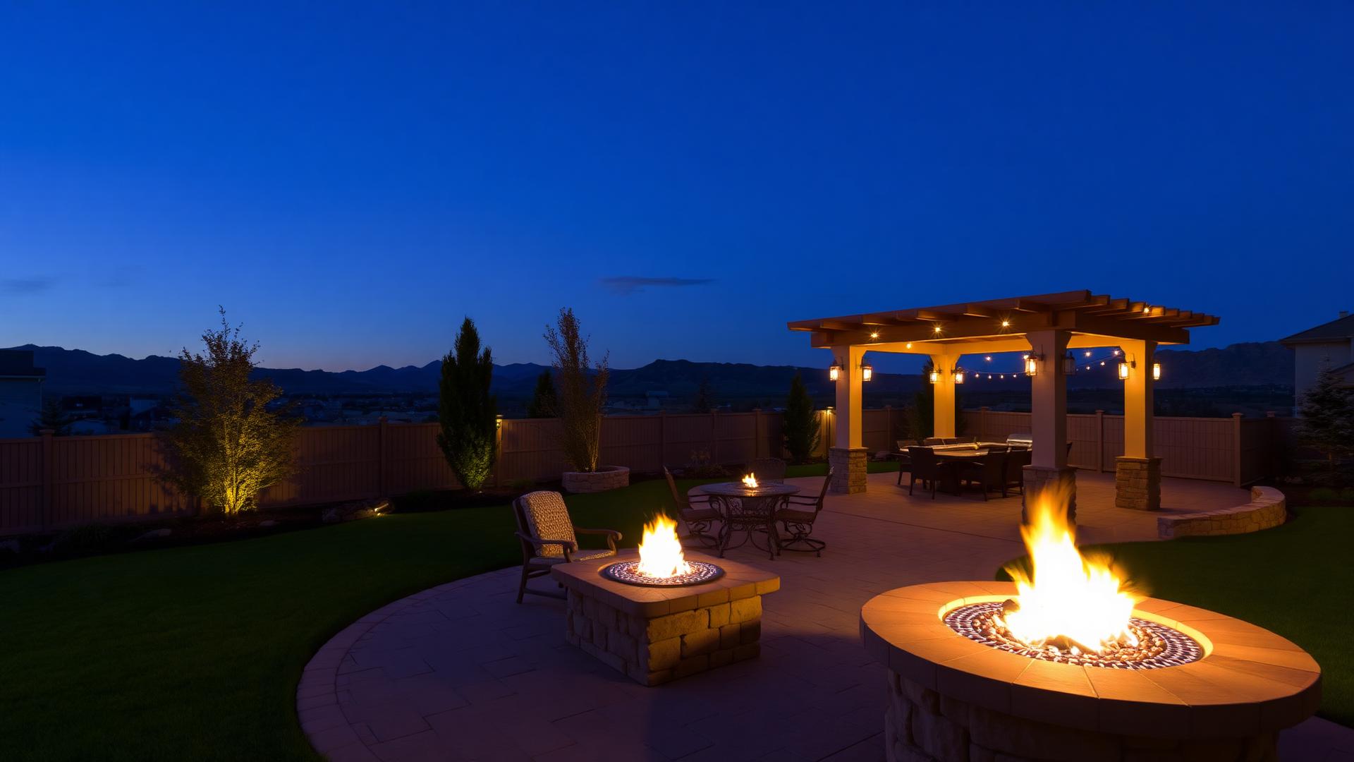 Dusk landscape lighting on completed Utah backyard with fire pit and pergola